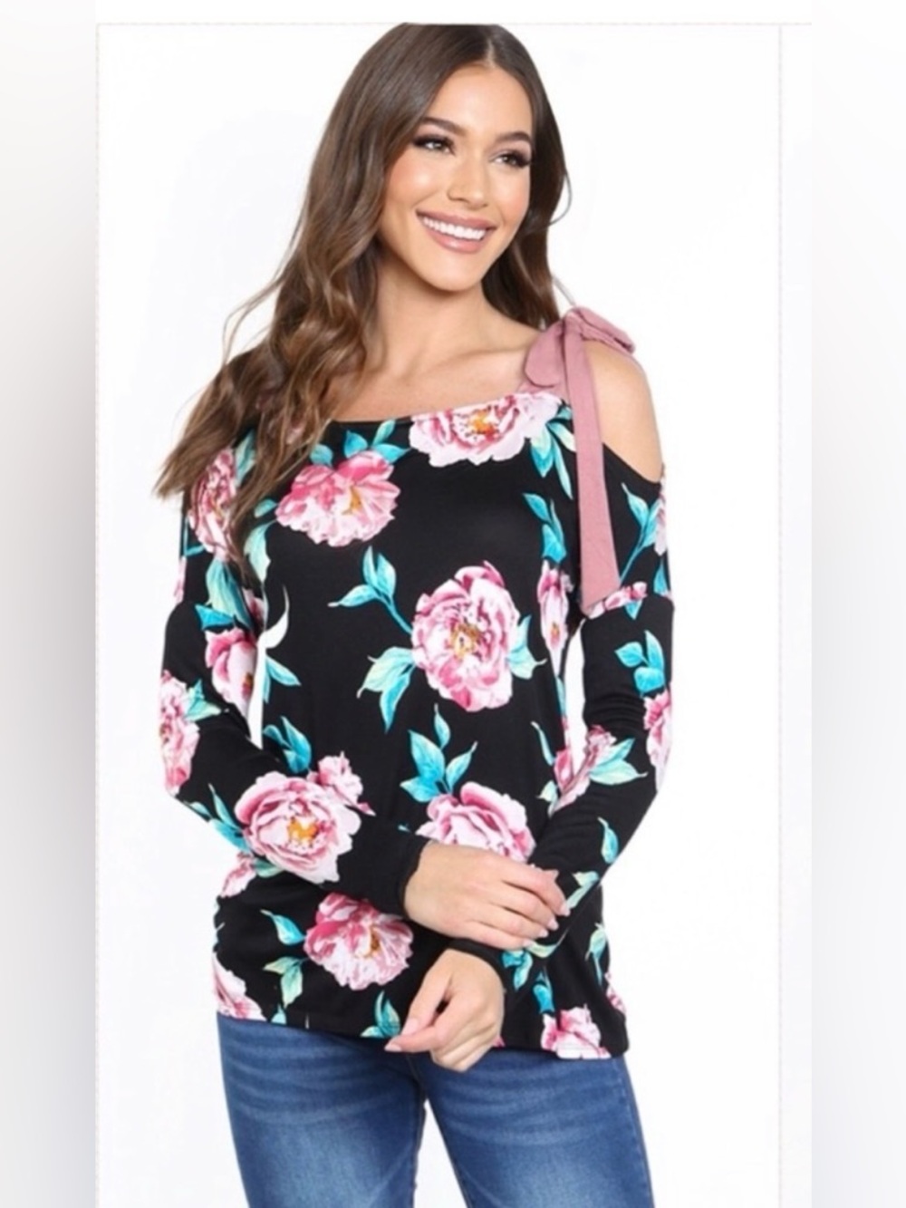 New USA MADE black floral tie shoulder longsleeve women Spring Summer top